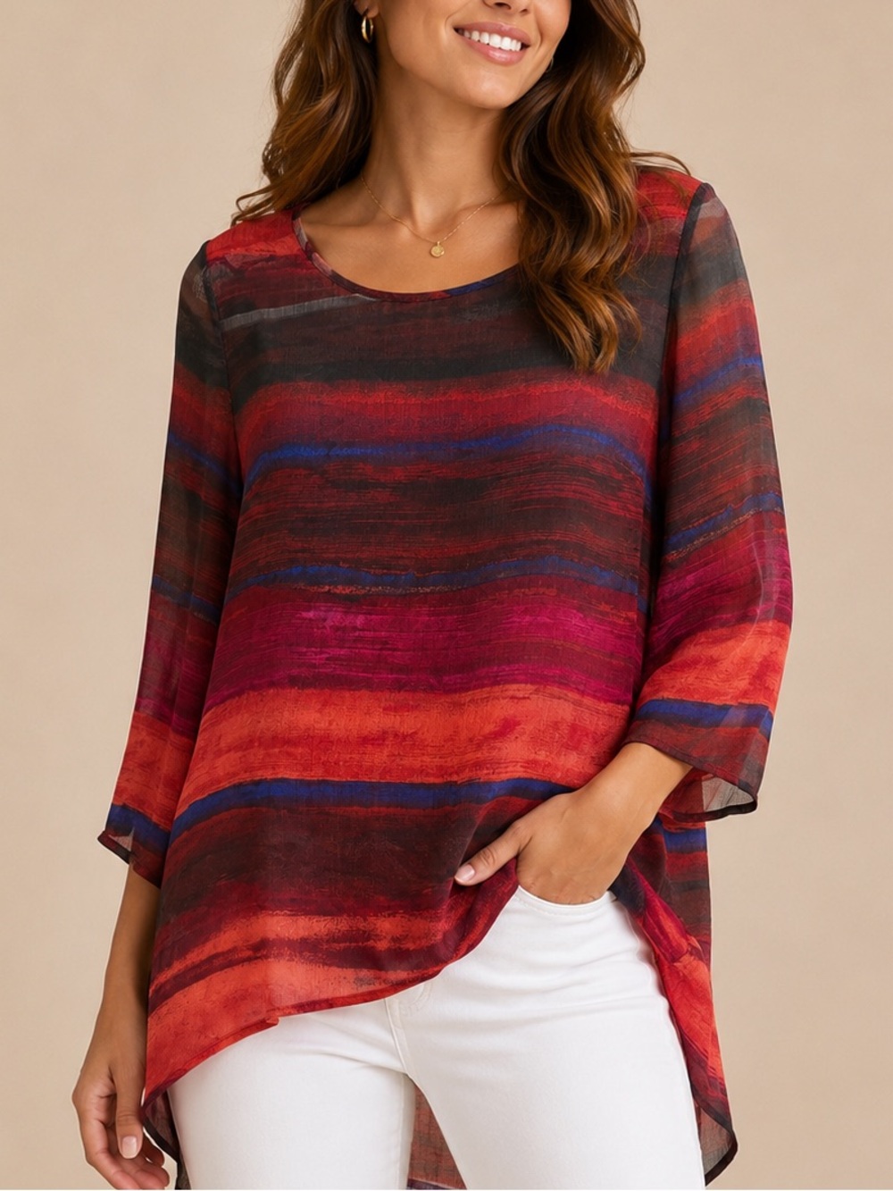 Liz Claiborne Multicolor Striped Scoop-Neck Blouse in Red, Blue and Pink